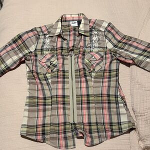 Harley Davidson Shirt Full Zip 3/4 Sleeve Plaid Embroidered Women’s Sz L